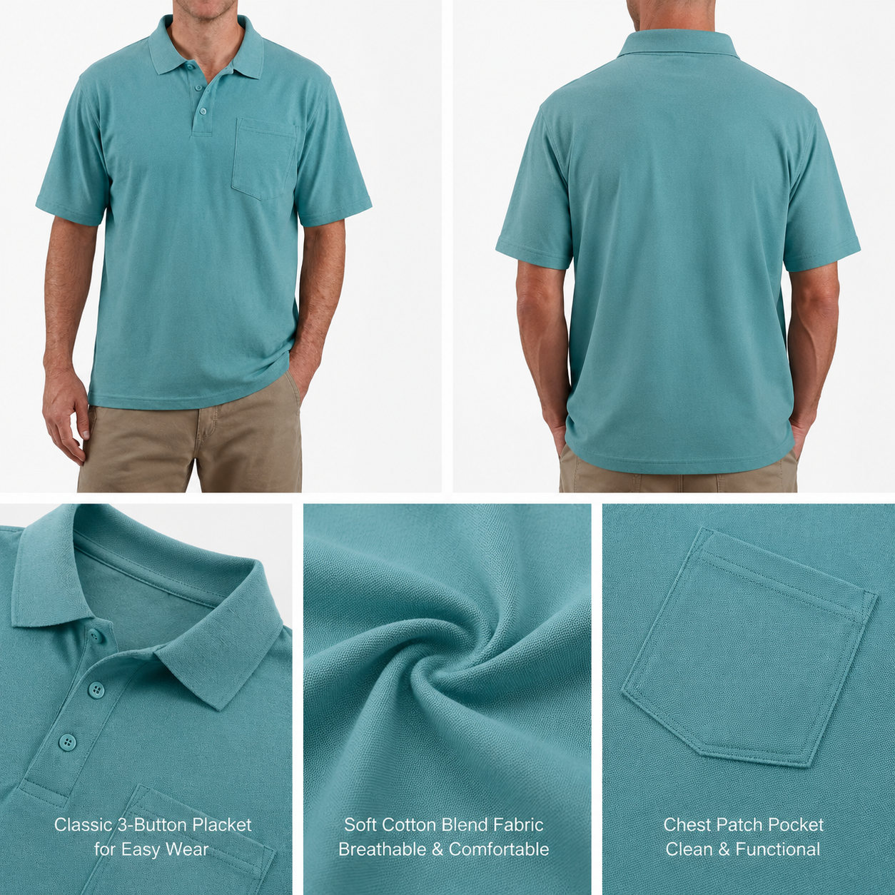 Product feature collage with front, back, collar, fabric, and pocket details