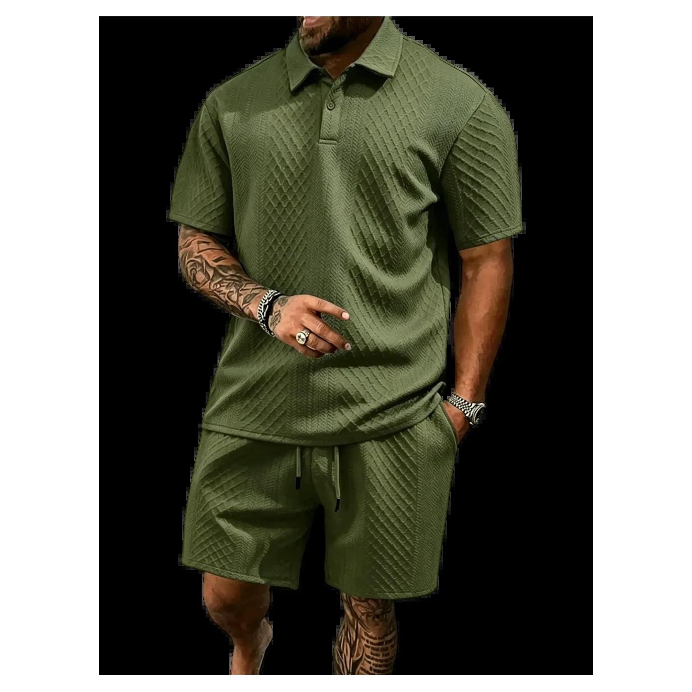 Men's Textured Polo Shirt & Drawstring Shorts Bundle Set