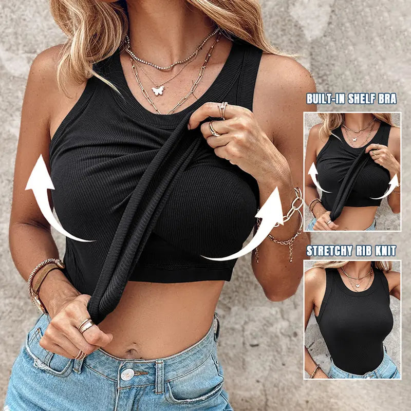 This Week's Special PriceRound Neck Built-in Bra Ribbed Tank Top Fit Casual Comfortable
