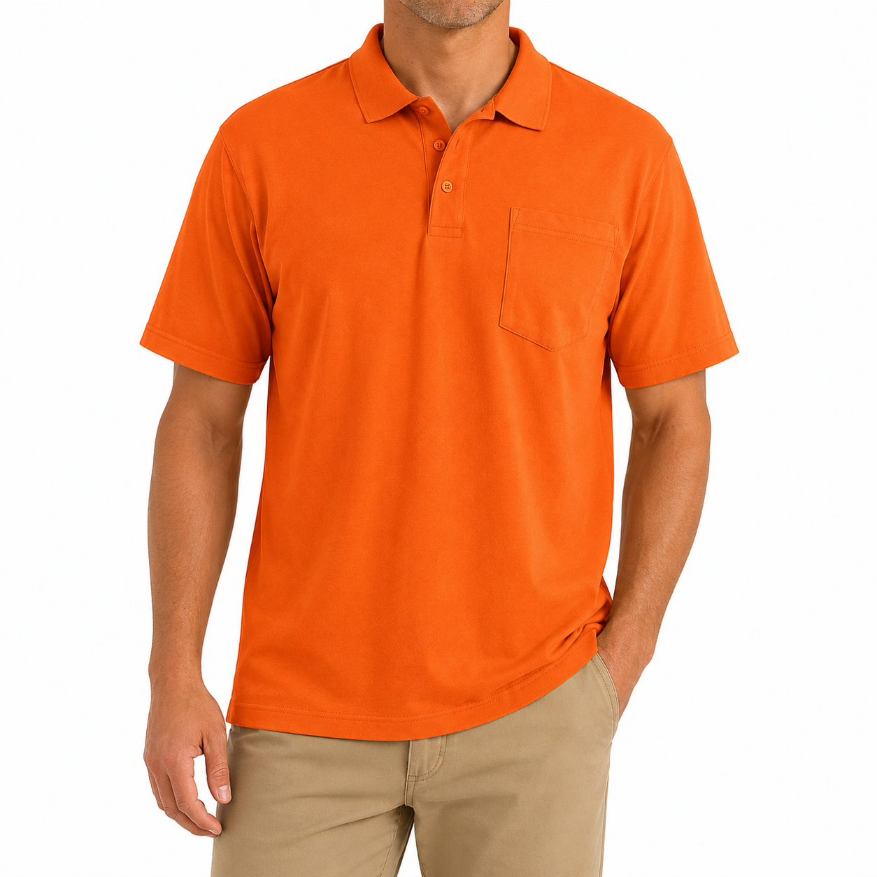 Orange polo casual outfit front view