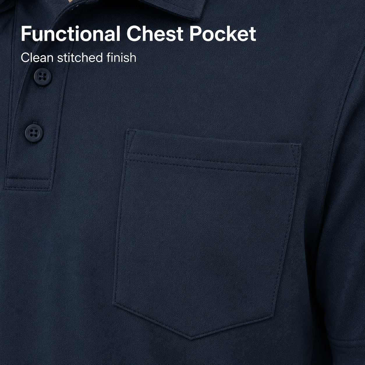 Navy functional chest pocket close-up