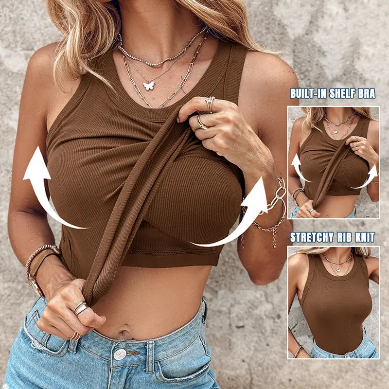 This Week's Special PriceRound Neck Built-in Bra Ribbed Tank Top Fit Casual Comfortable