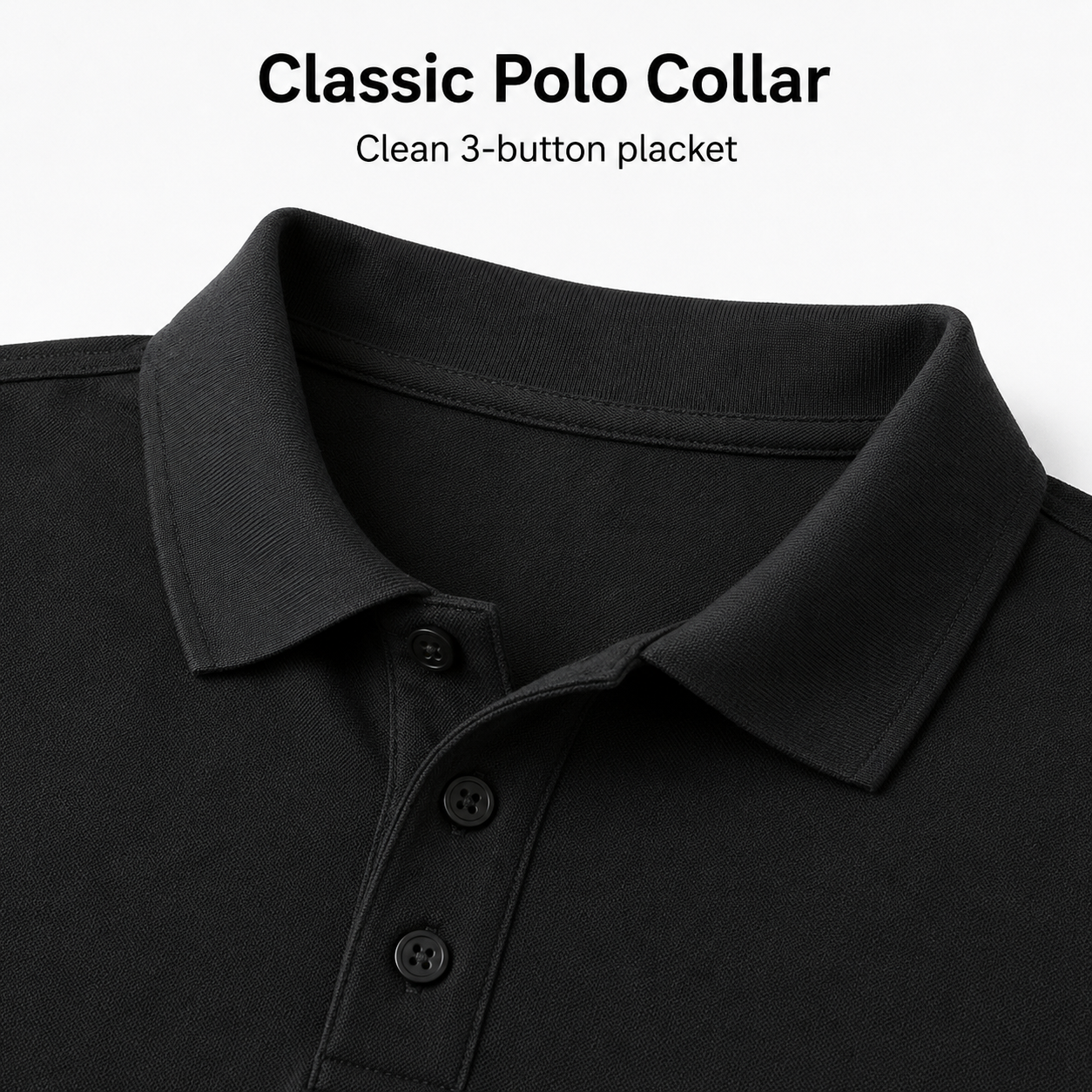 Black polo collar and placket detail