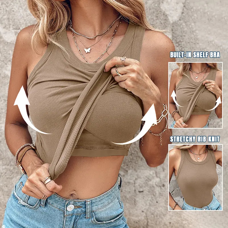 This Week's Special PriceRound Neck Built-in Bra Ribbed Tank Top Fit Casual Comfortable