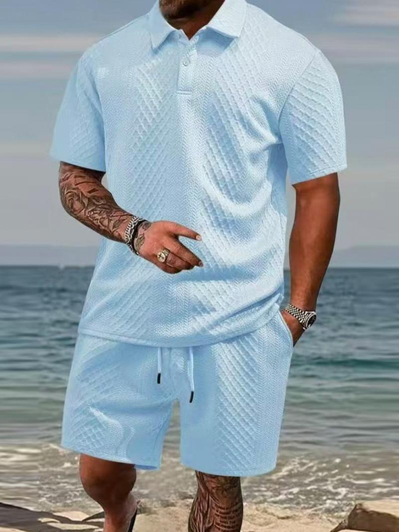 Men's summer casual texture fabric solid color polo shirt T-shirt shorts 2-piece set, loose fit suitable for casual sports, breathable and cool, essential summer outfit, comfortable and versatile Menswear Plain