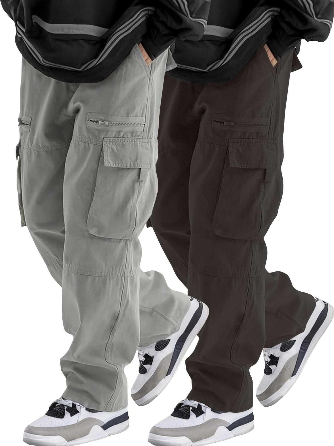 Men's Loose Solid Pocket Drawstring Waist Cargo Pants, Unisex Casual Comfy Zipper Cargo Pants for Daily Outdoor Wear, Women Woven Bottoms for All Seasons Adjustable Waist Pants