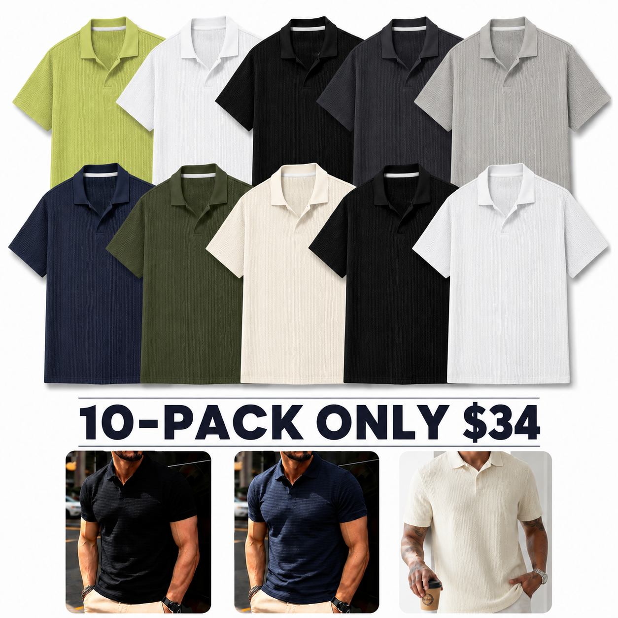 Men's Solid Jacquard Polo Shirt - Casual Summer Wear