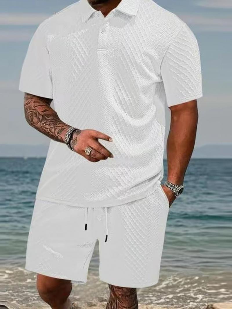 Men's summer casual texture fabric solid color polo shirt T-shirt shorts 2-piece set, loose fit suitable for casual sports, breathable and cool, essential summer outfit, comfortable and versatile Menswear Plain