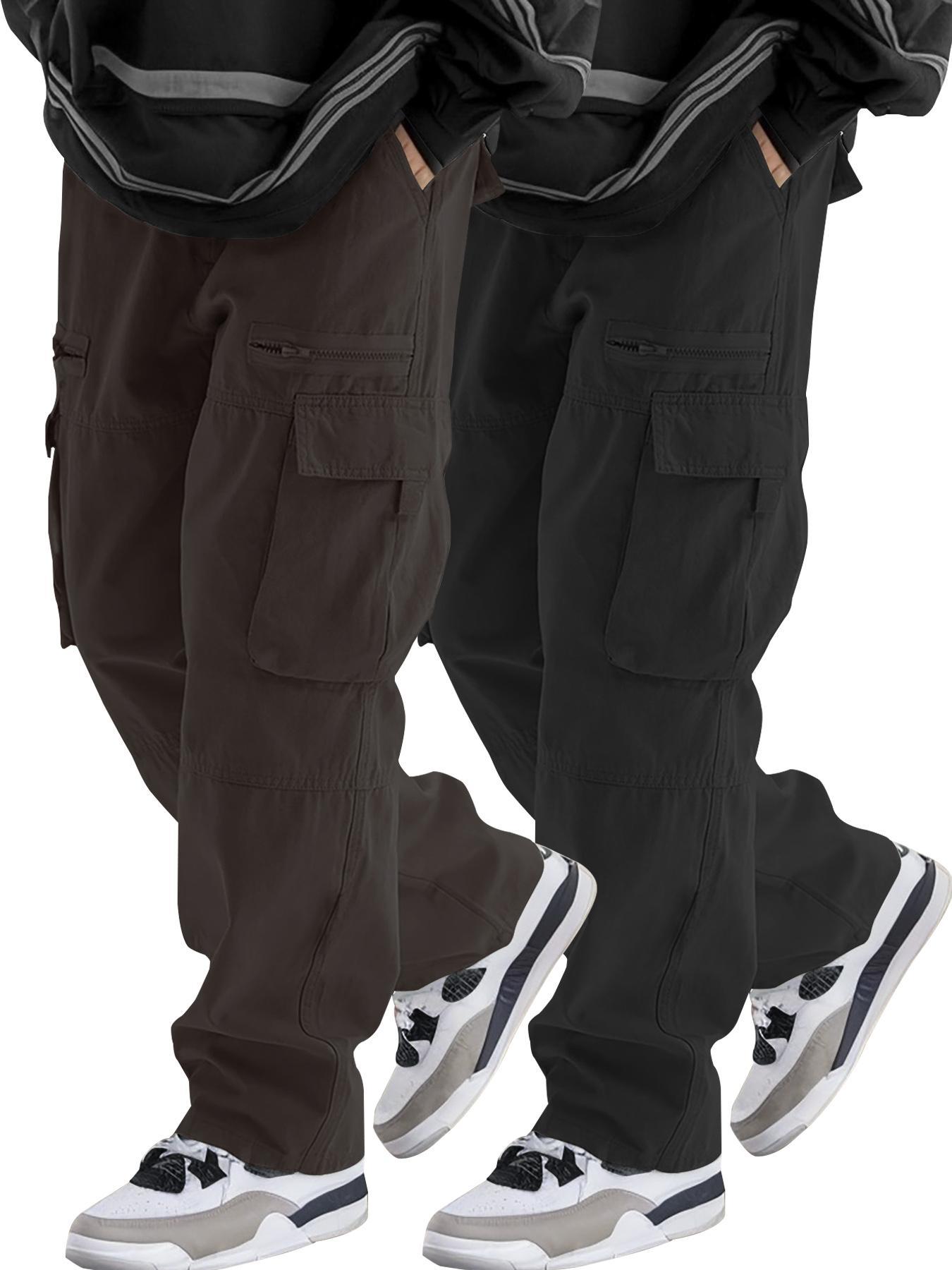 Men's Loose Solid Pocket Drawstring Waist Cargo Pants, Unisex Casual Comfy Zipper Cargo Pants for Daily Outdoor Wear, Women Woven Bottoms for All Seasons Adjustable Waist Pants