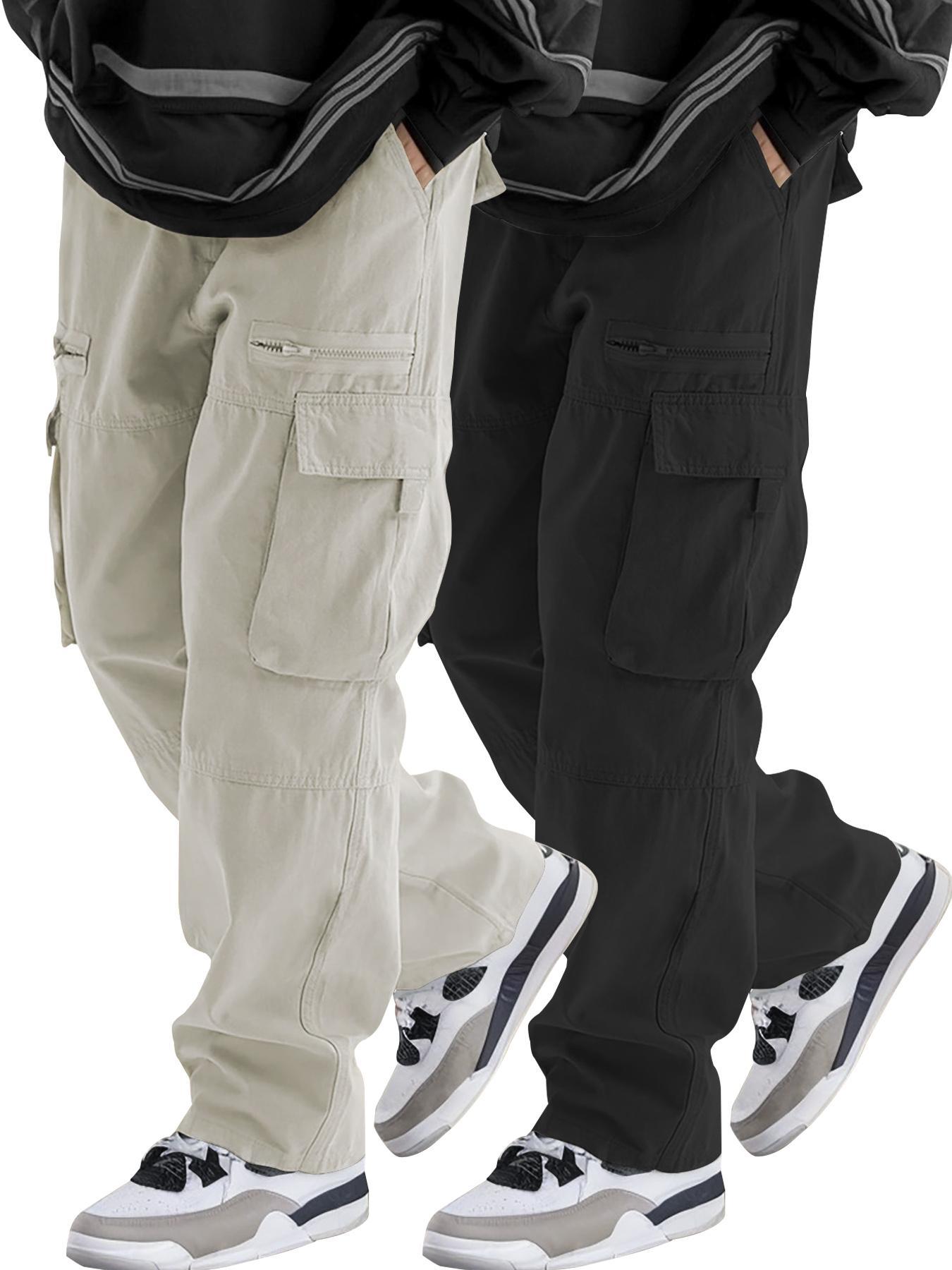Men's Loose Solid Pocket Drawstring Waist Cargo Pants, Unisex Casual Comfy Zipper Cargo Pants for Daily Outdoor Wear, Women Woven Bottoms for All Seasons Adjustable Waist Pants