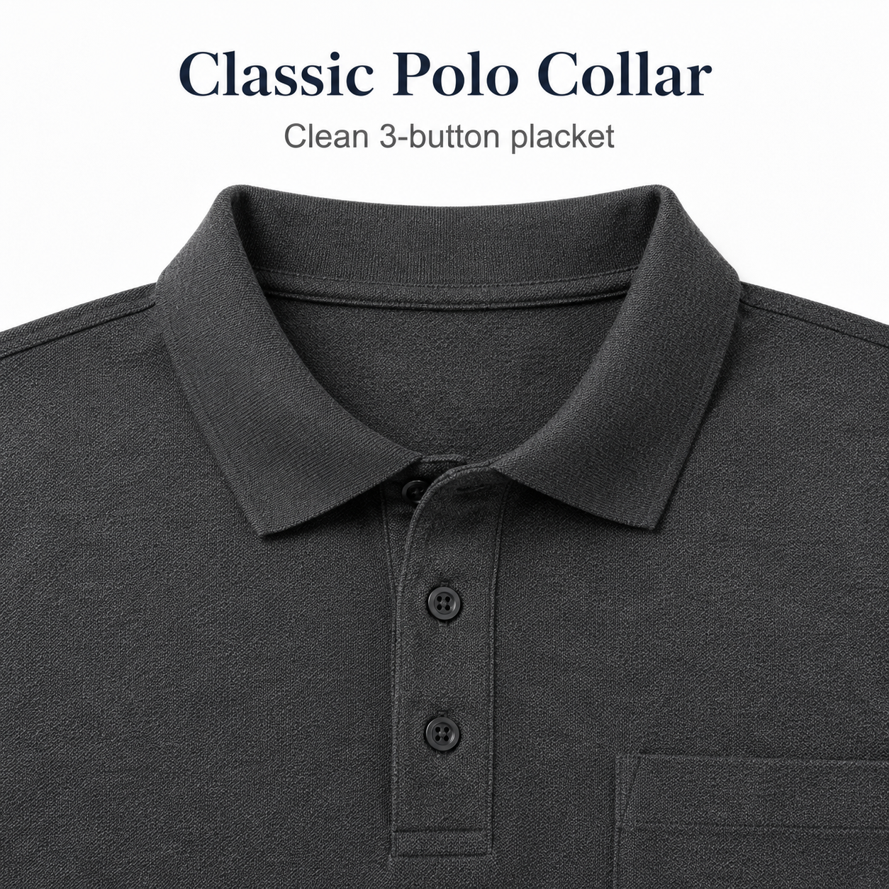 Black classic polo collar and three-button placket