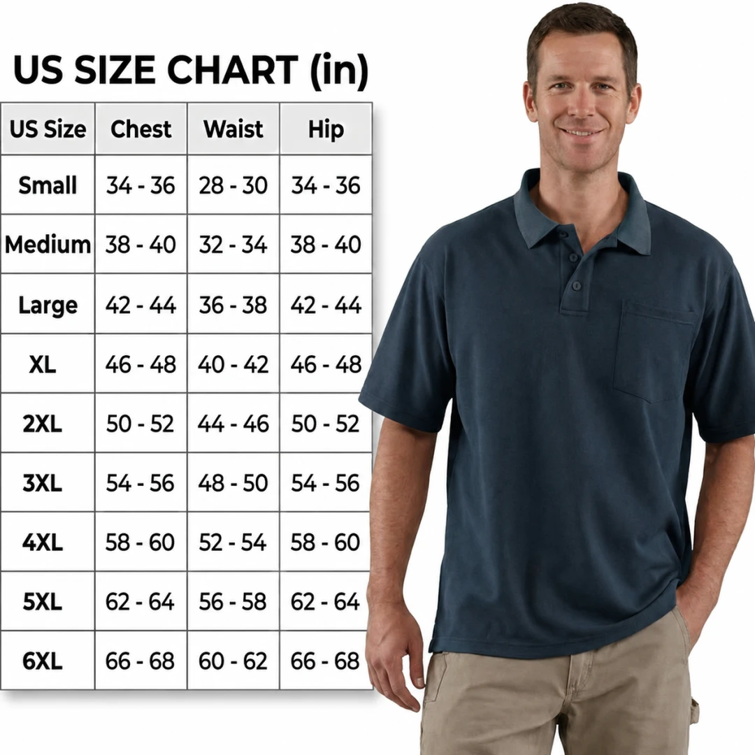 US size chart for men classic polo shirts