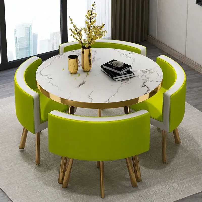 Juego de mesa de comedor redonda de mármol de 80 cm con 4 sillas, mesa central moderna de madera, muebles de apartamento blancos de lujo