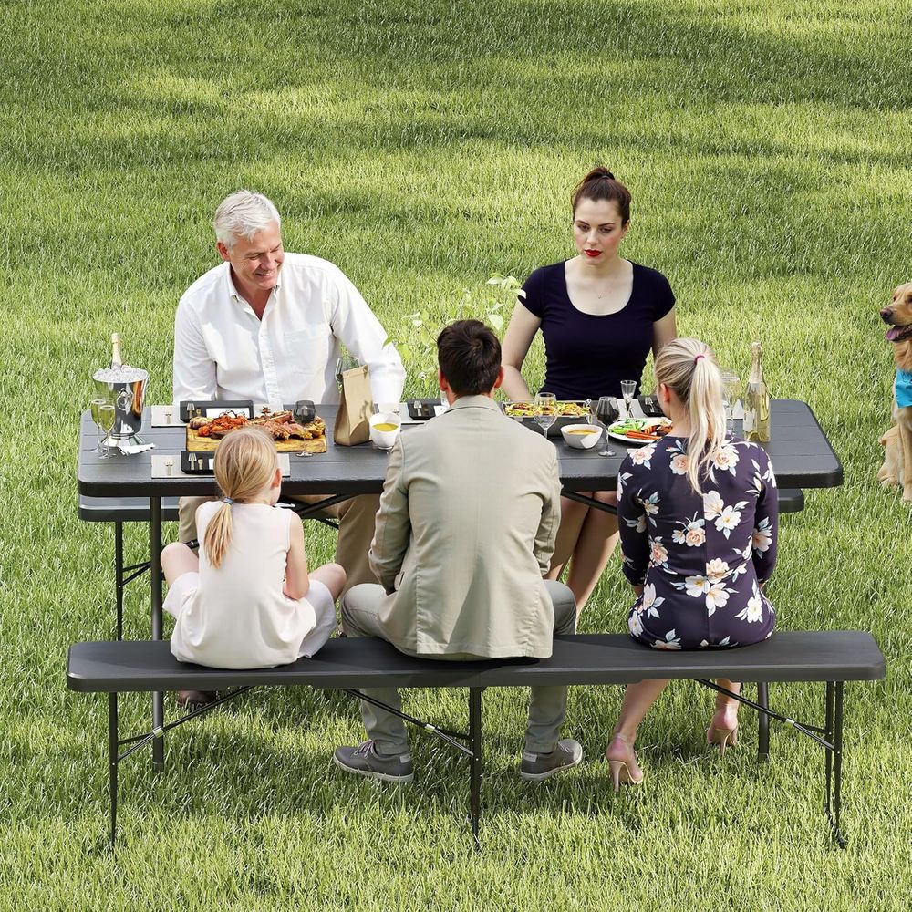 Mesa de picnic de 6' con 2 bancos, 3 piezas, mesa de camping plegable portátil de HDPE con veta de madera negra y bancos para patio, jardín,