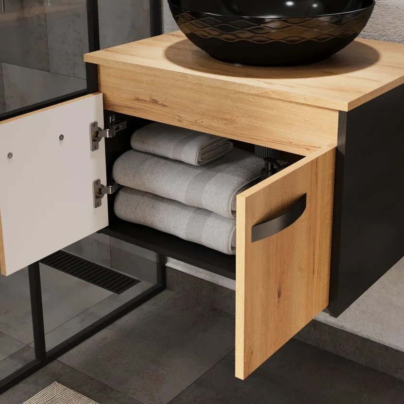 Combo Sanitario Tao Dual, Mueble De Baño Mesty, Lavamanos Vessel, Grifería Monocontrol y Accesorios Negros