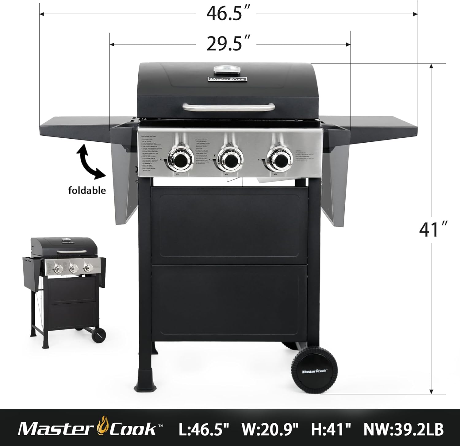Parrilla de gas propano de 3 quemadores, acero inoxidable, 30,000 BTU, para patio, con estantes plegables