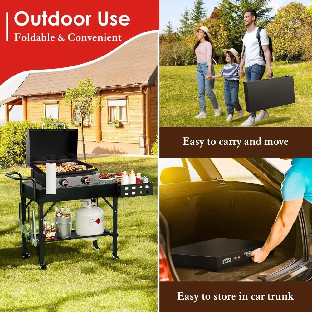 Carrito de parrilla portátil para exteriores con ruedas, mesa plegable para planchas de 17 a 22 pulgadas, estación de preparación de barbacoa con bandeja para condimentos