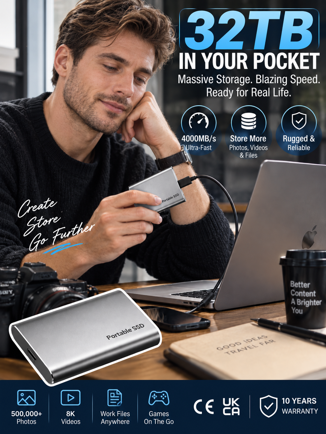 🚀 32TB IN YOUR POCKET — MOVE MASSIVE FILES AT UP TO 4000MB/s! ⚡ The Ultra-High-Capacity Portable SSD Built to Crush Storage Anxiety — Blazing-Fast Transfers, Rugged Metal Protection and Enough Space to Carry Your Digital World Anywhere. ⚡