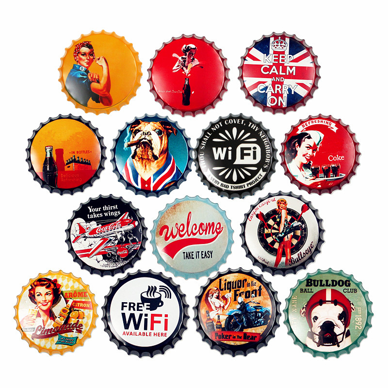 American retro creative beer bottle cap wrought iron wall hanging decoration for home, bar, and shop walls.