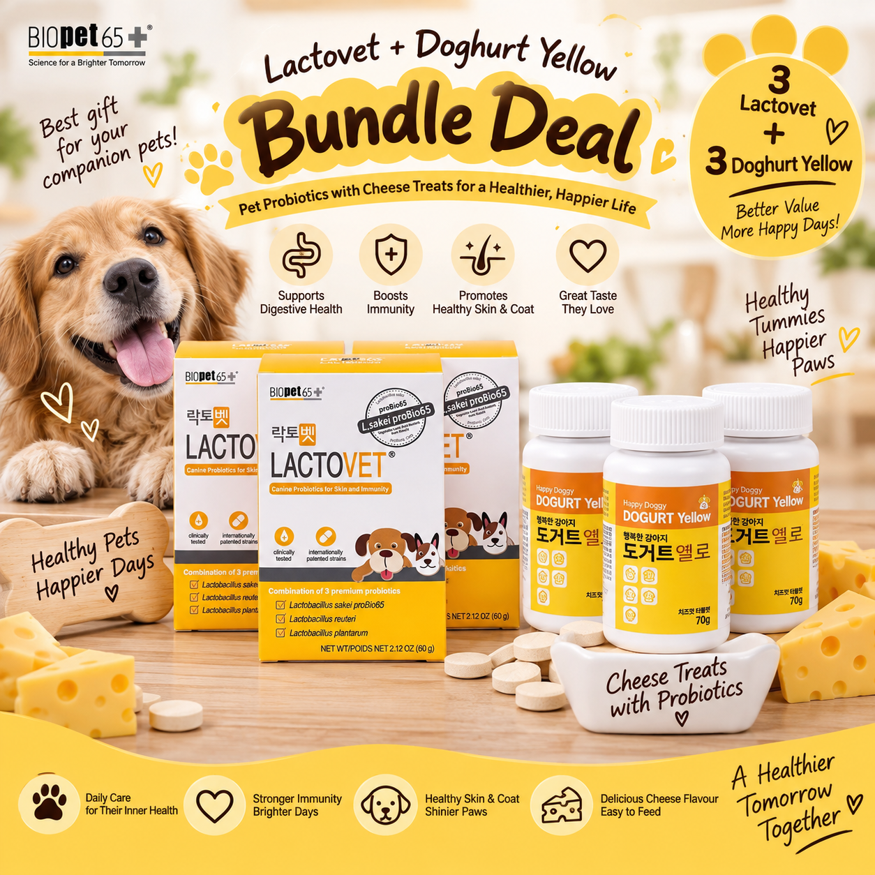 Lactovet® + Doghurt Yellow Bundle | Probiotics for Dogs for Gut, Immunity & Skin Health (3 Months Supply)