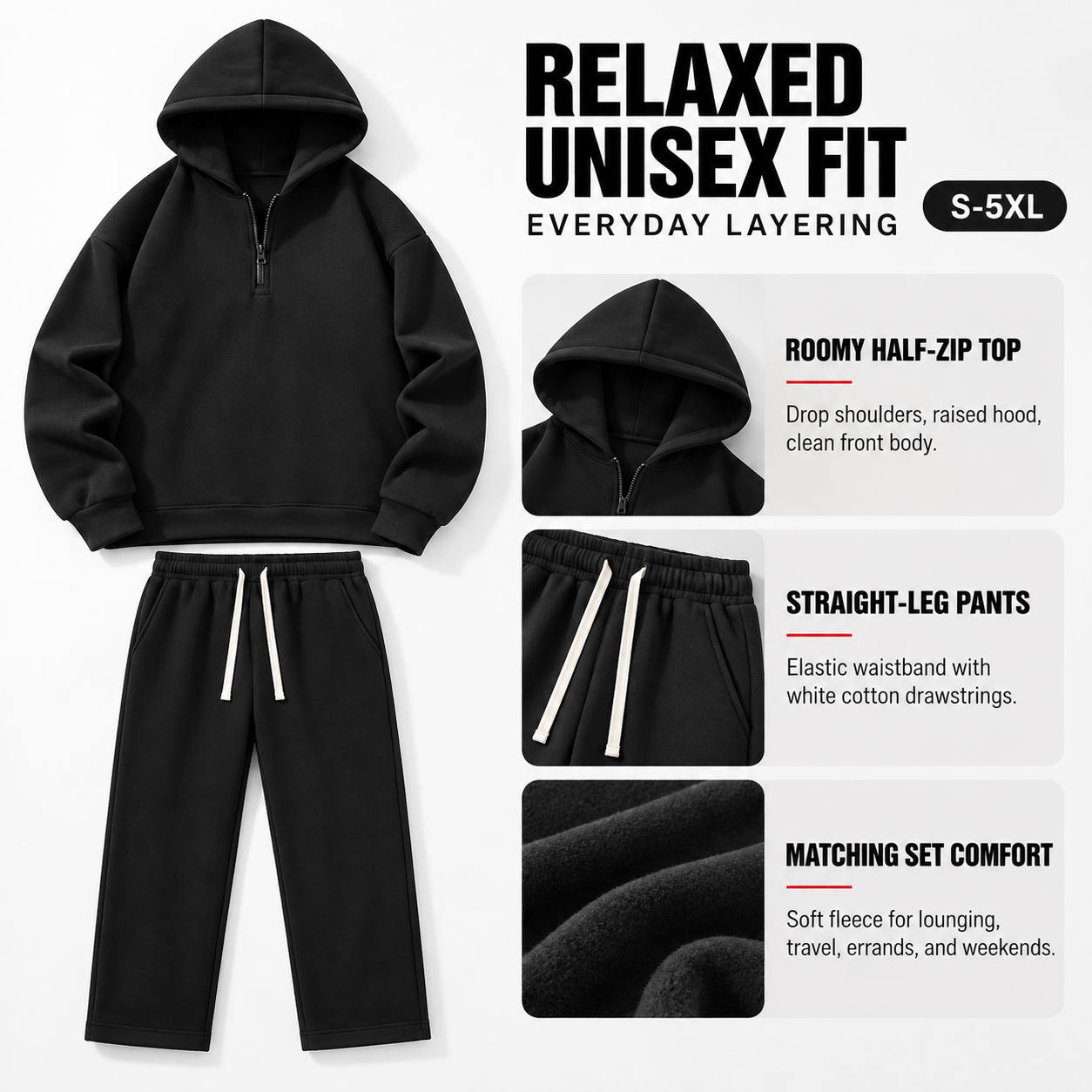 relaxed unisex half-zip set fit and use