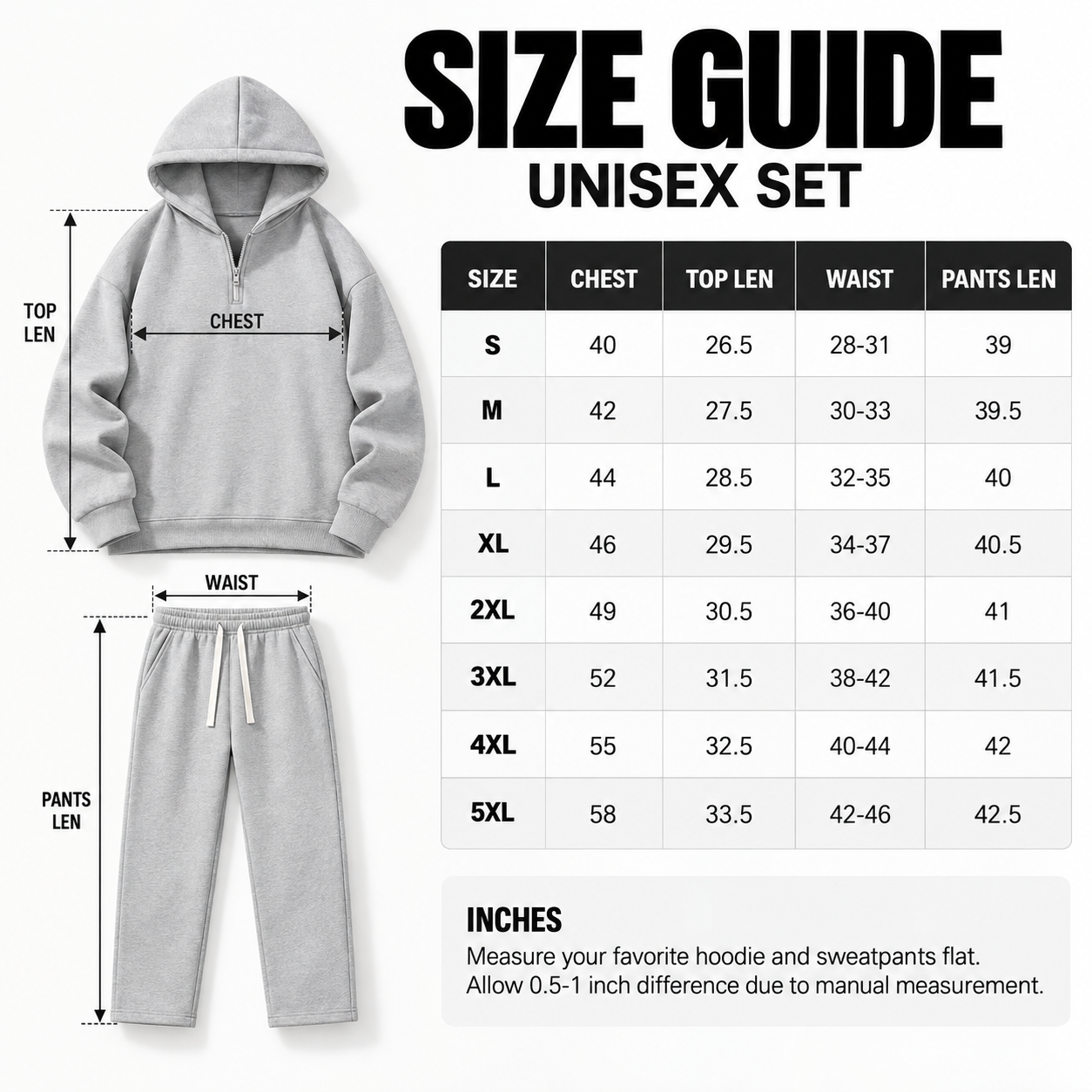 unisex half-zip hoodie and sweatpants size guide