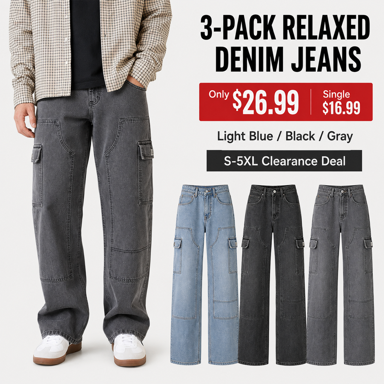 Men's Cargo Pocket Wide-Leg Denim Jeans 3-Pack