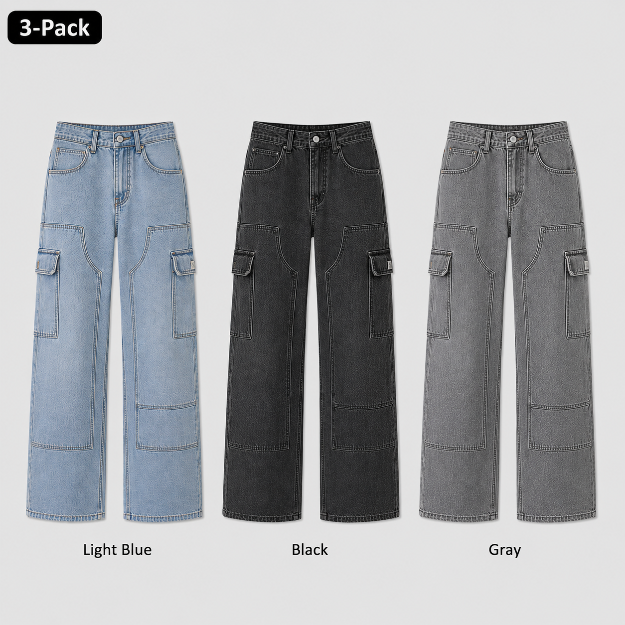 Men's Cargo Pocket Wide-Leg Denim Jeans 3-Pack