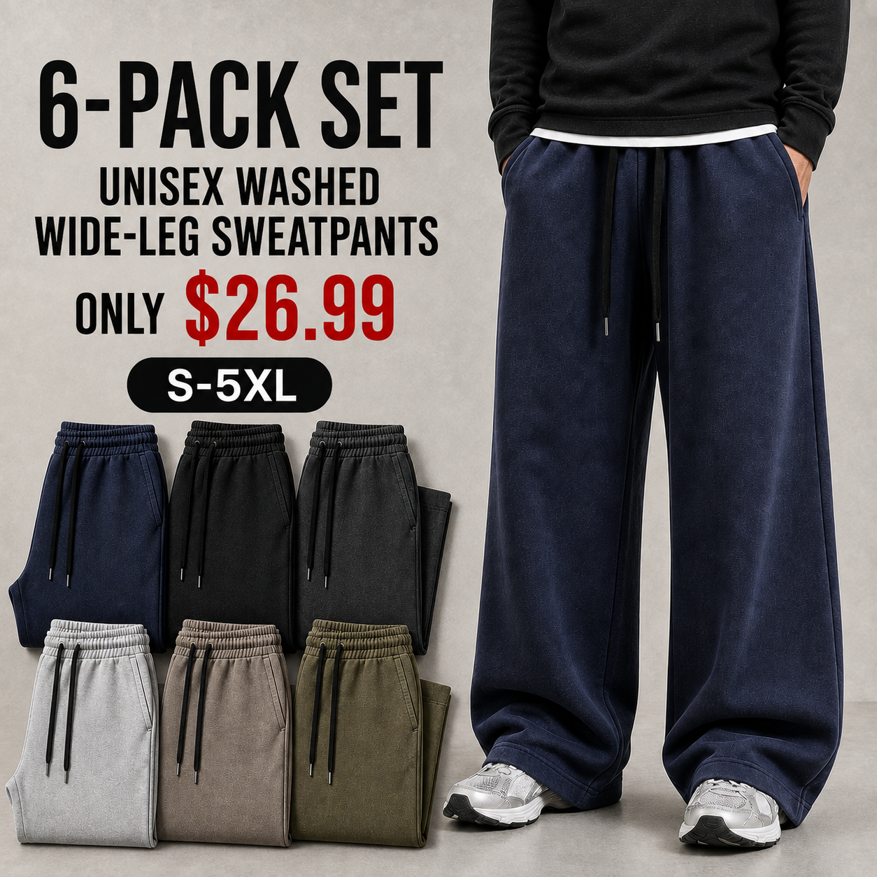 HERO Unisex Washed Wide-Leg Drawstring Sweatpants 6-Pack