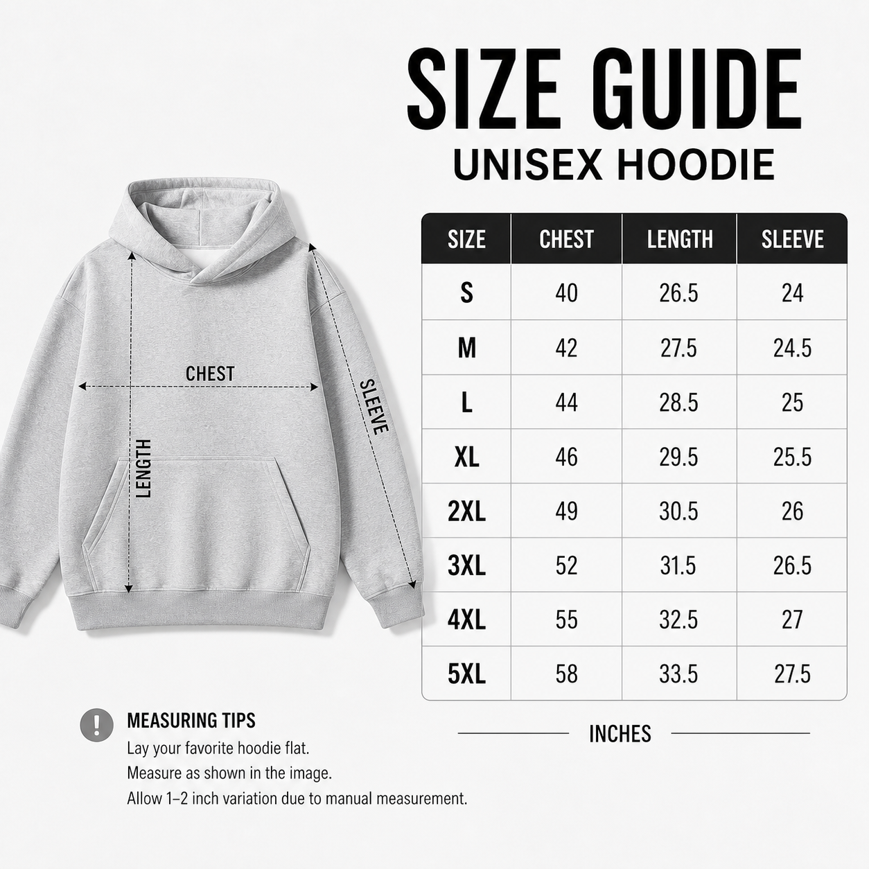 unisex hoodie size guide