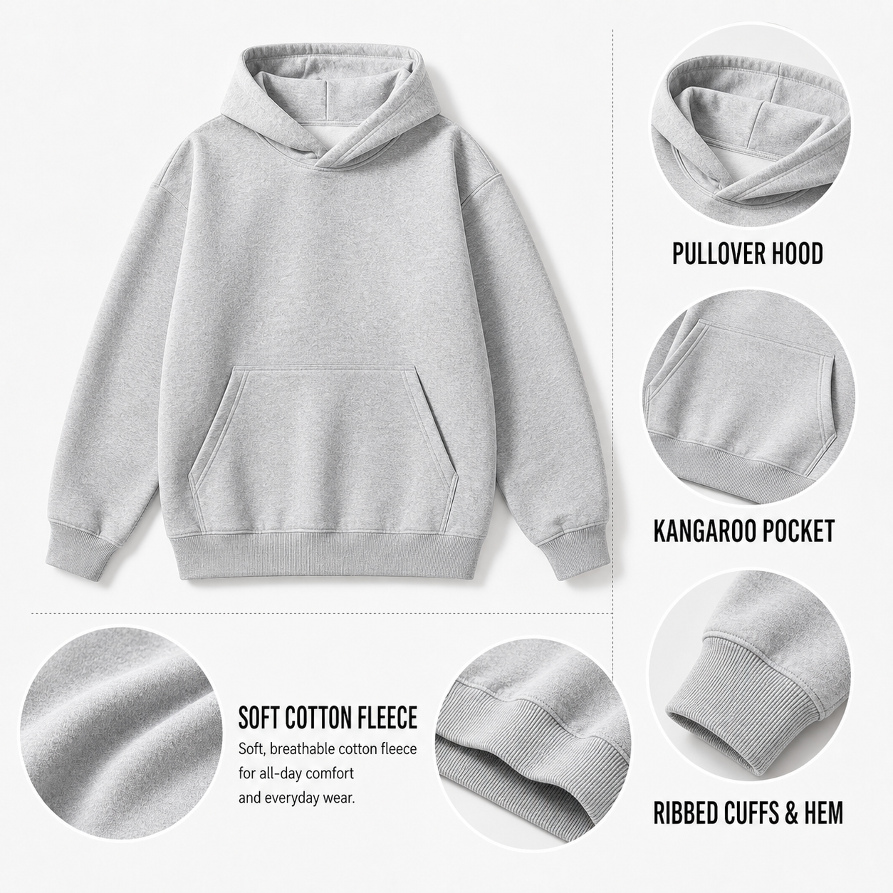 cotton fleece pullover hoodie features