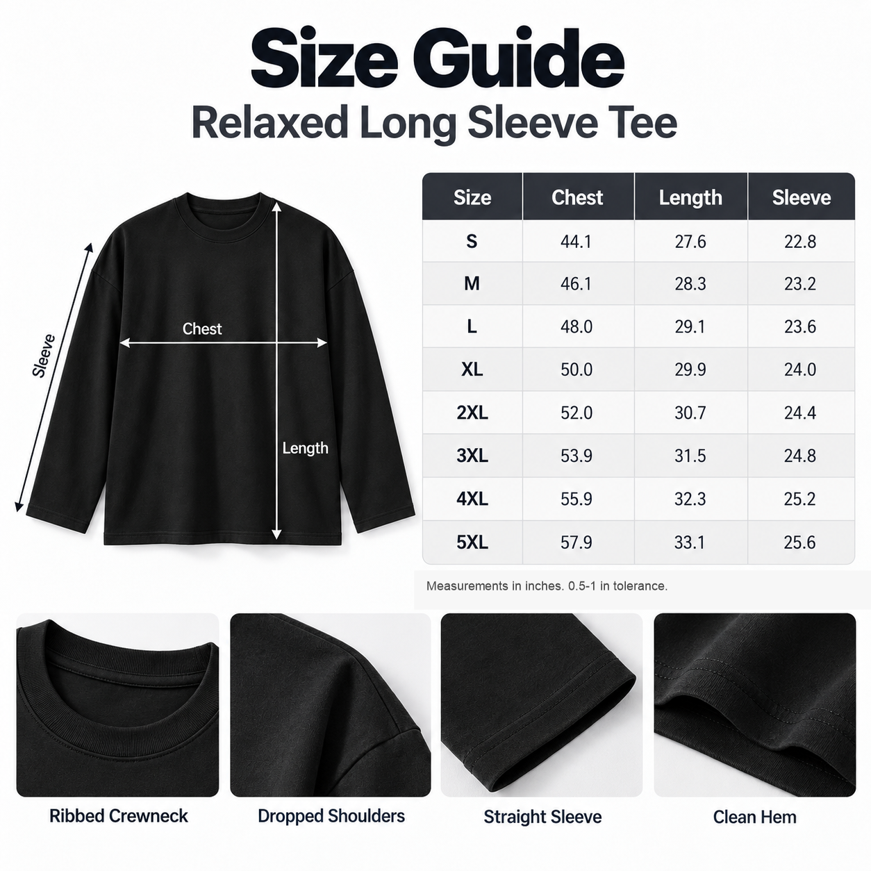 men's relaxed long sleeve tee size guide