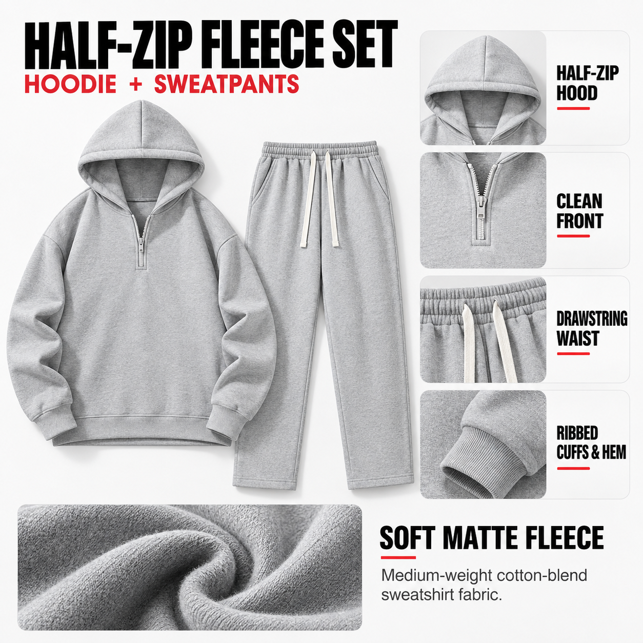 half-zip fleece set features