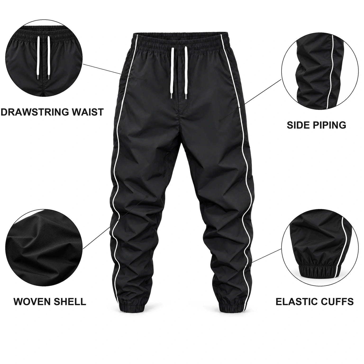 Drawstring waist, narrow side piping, woven polyester shell and elastic cuff details