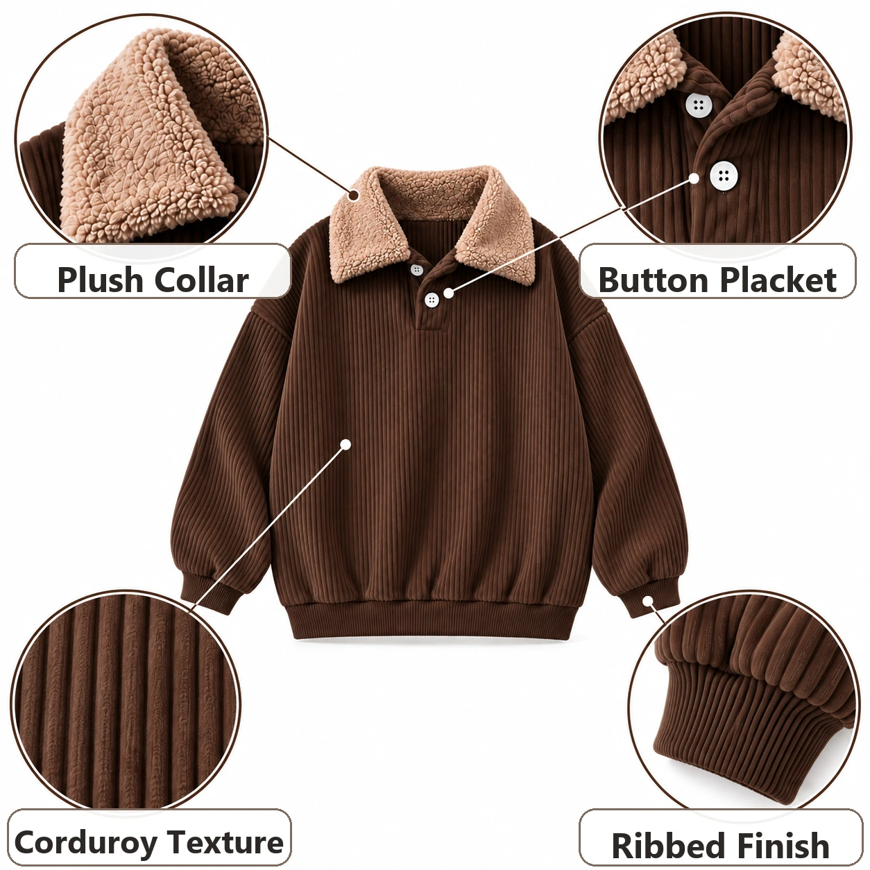 Plush collar, two-button placket, corduroy texture, ribbed cuff and ribbed hem details