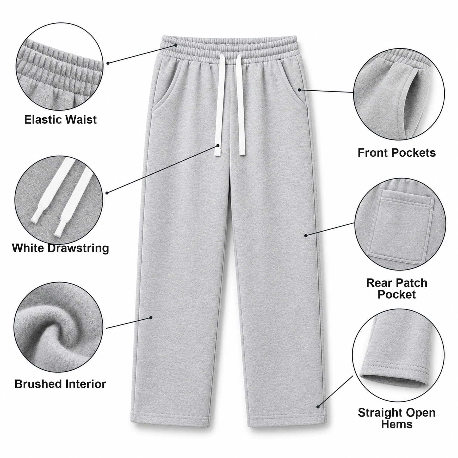 Elastic waist, drawstring, brushed interior, pockets, rear pocket and straight open hems