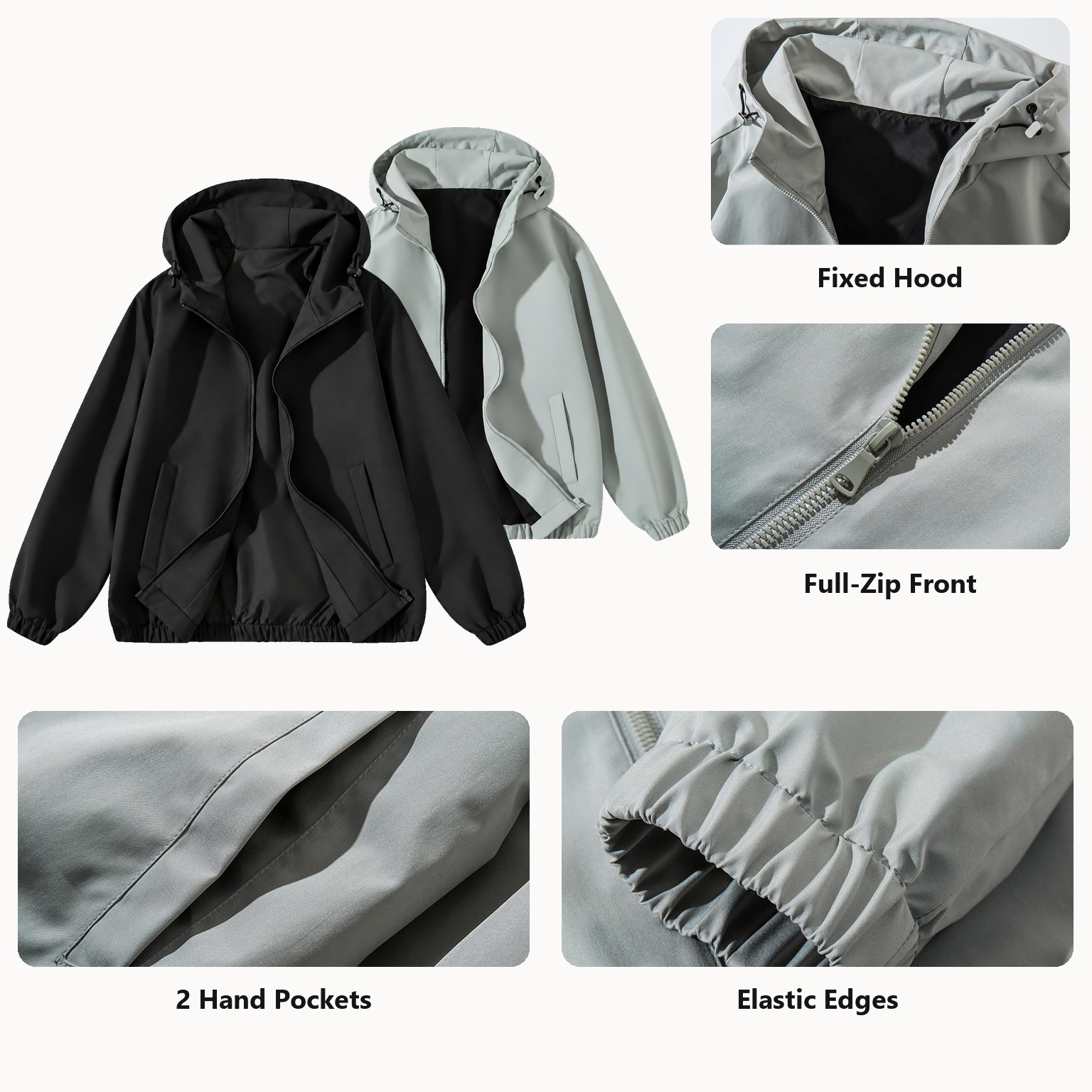 Fixed hood, full zipper, two slanted welt hand pockets, and elastic edge details