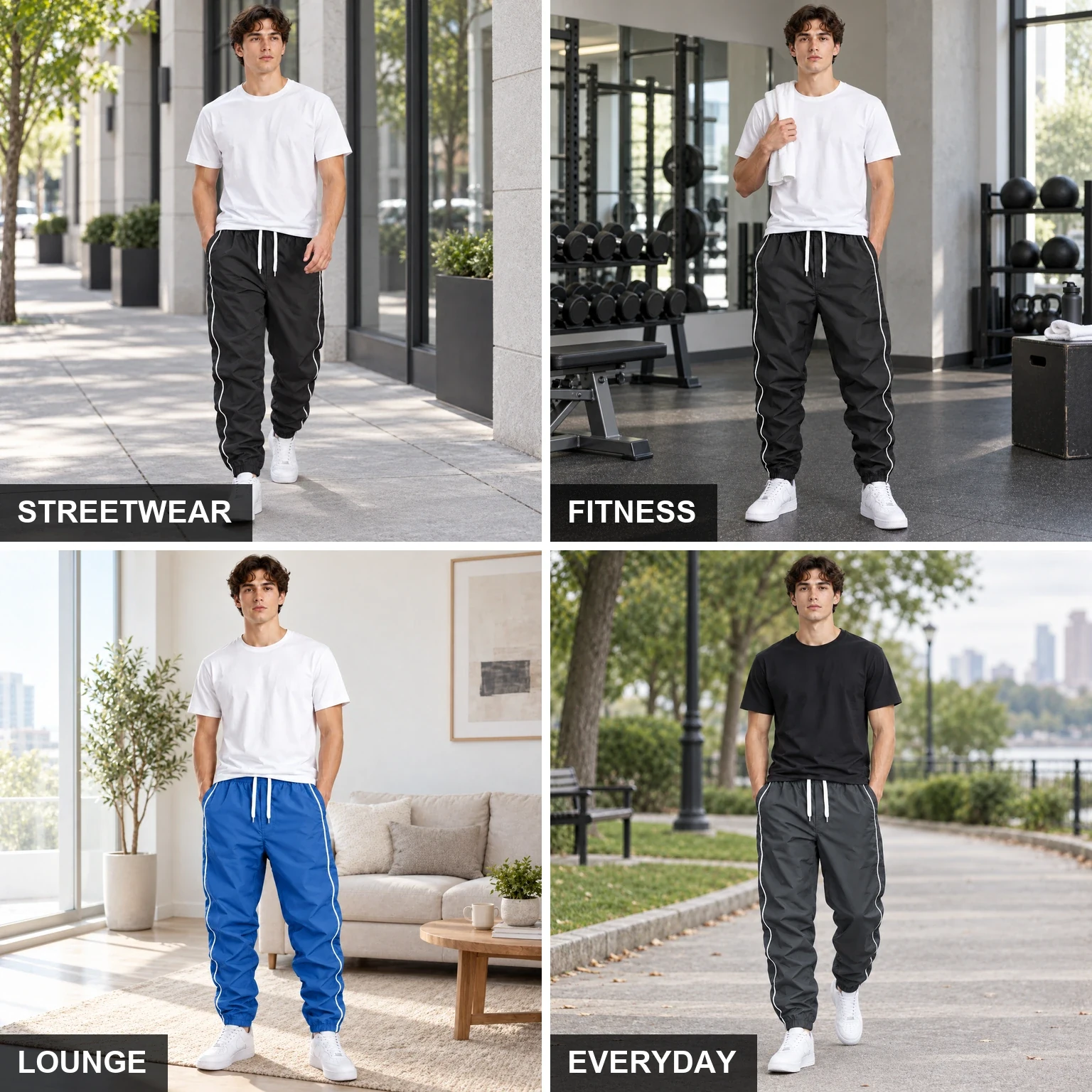 Men's side-stripe jogger pants for streetwear, fitness, lounge and everyday wear