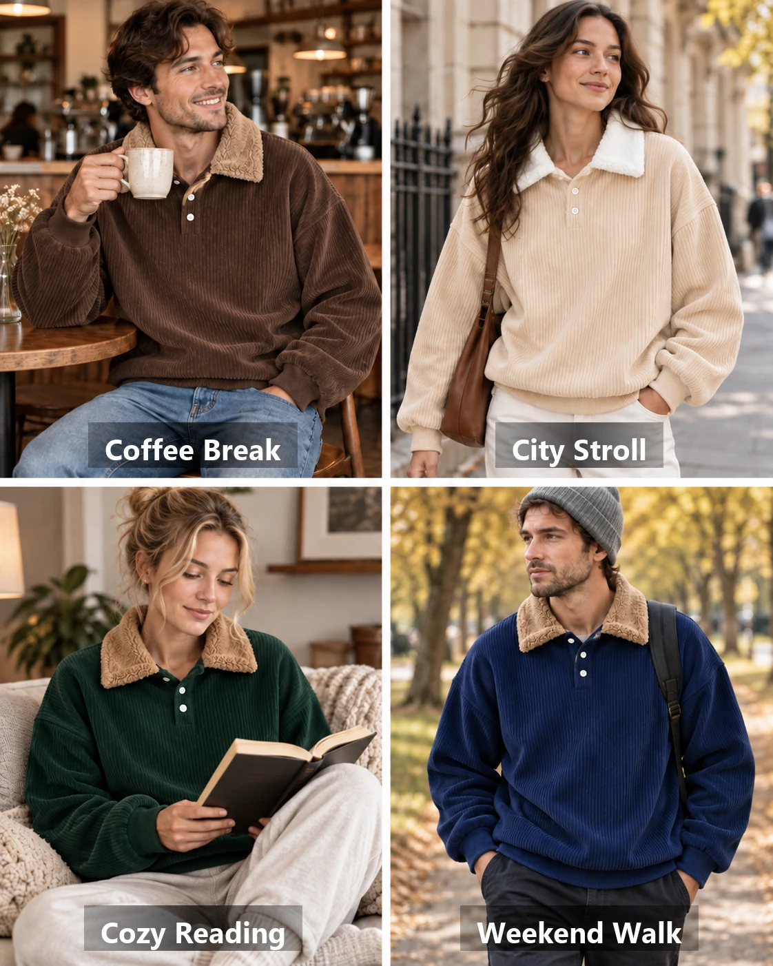 Corduroy pullovers styled for a coffee break, city stroll, cozy reading and weekend walk
