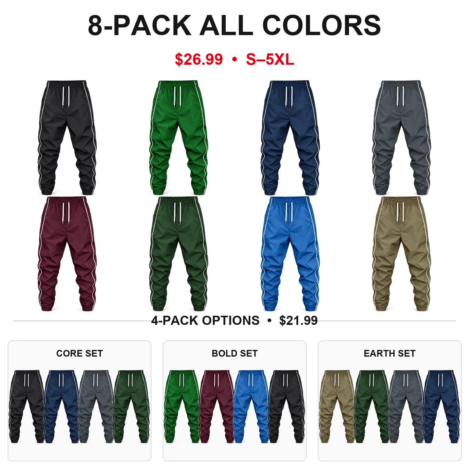 Eight-color set and three fixed four-pack side-stripe jogger pants options