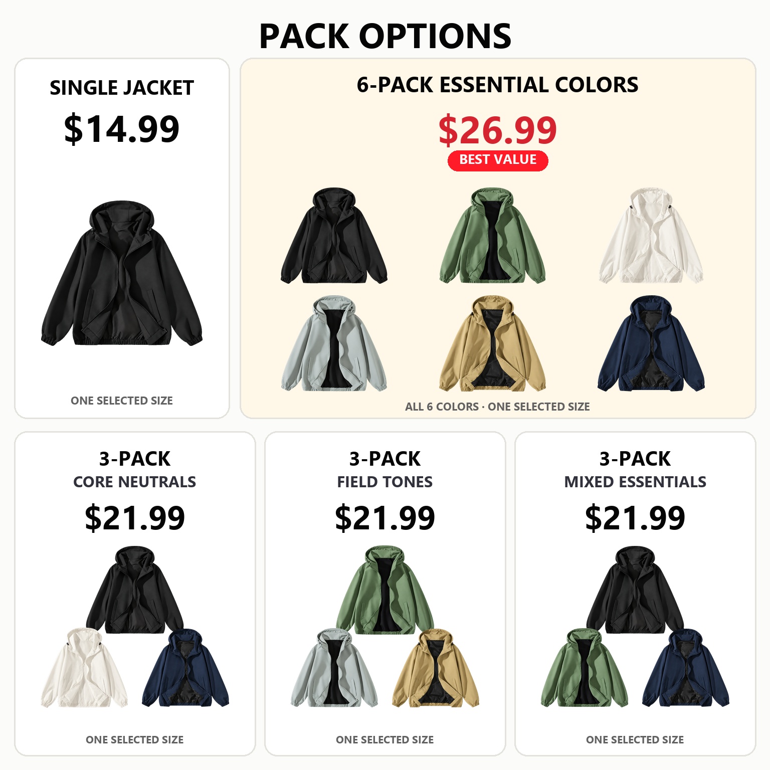Single jacket, three fixed three-pack sets, and six-pack color options