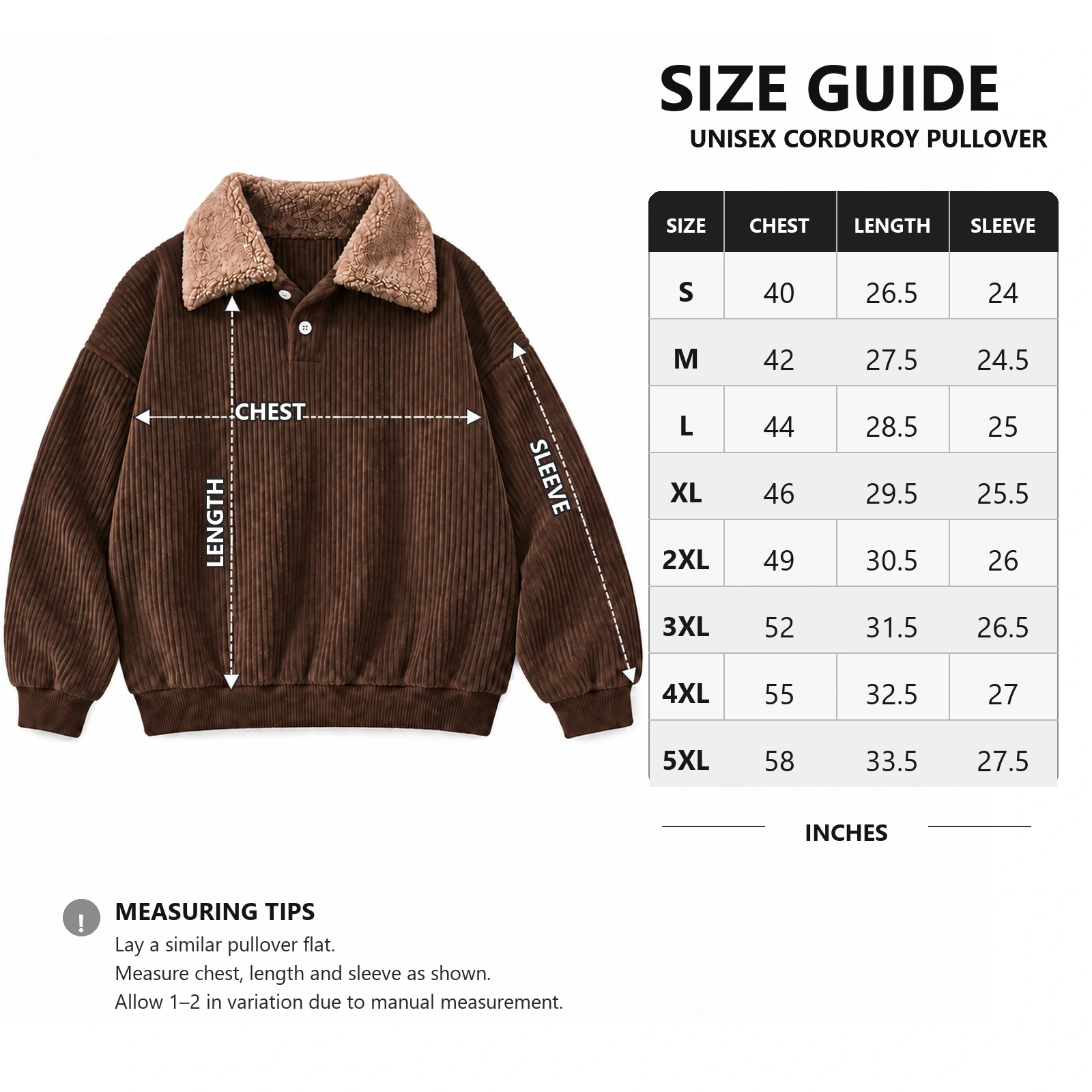 S through 5XL corduroy pullover garment measurement guide in inches