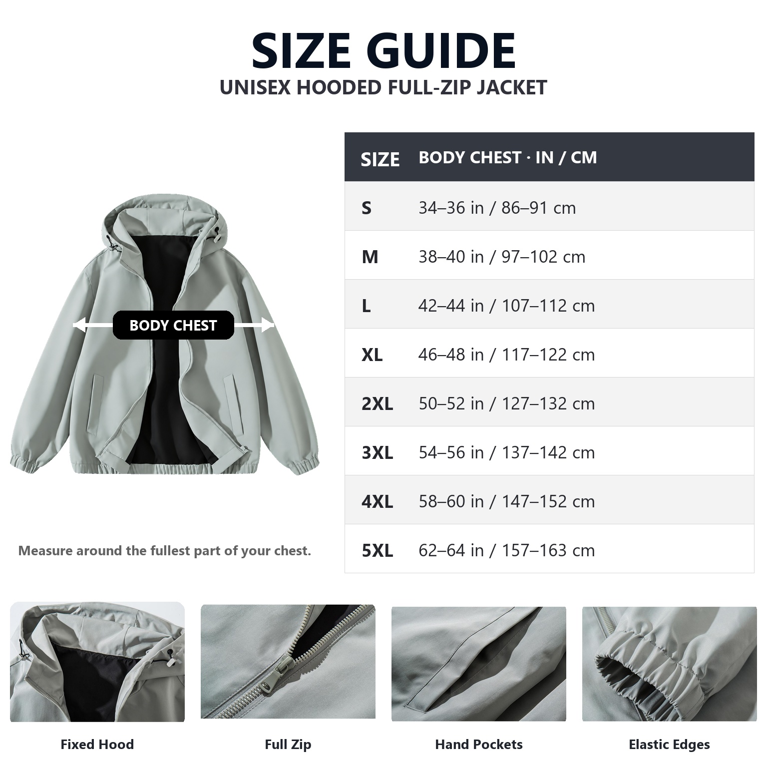 US adult body chest measurement size guide from S to 5XL