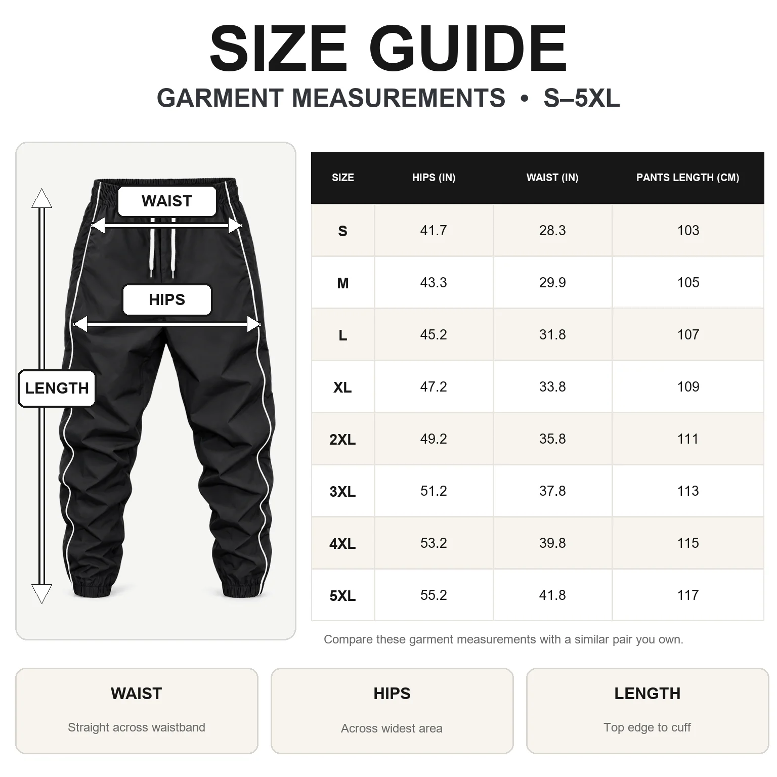 Men's side-stripe jogger pants garment measurement chart S to 5XL