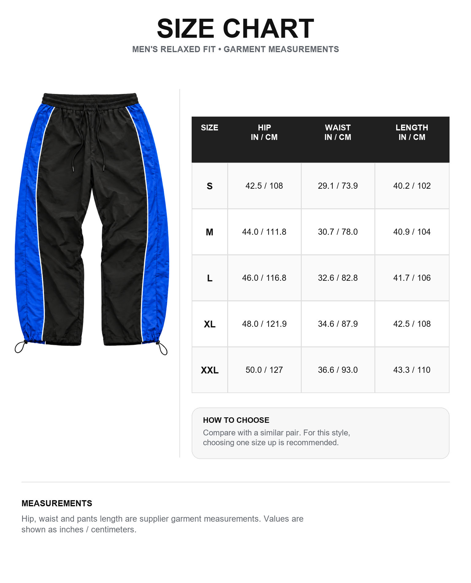 Men's piped cinch-hem track pants garment measurements from S to XXL