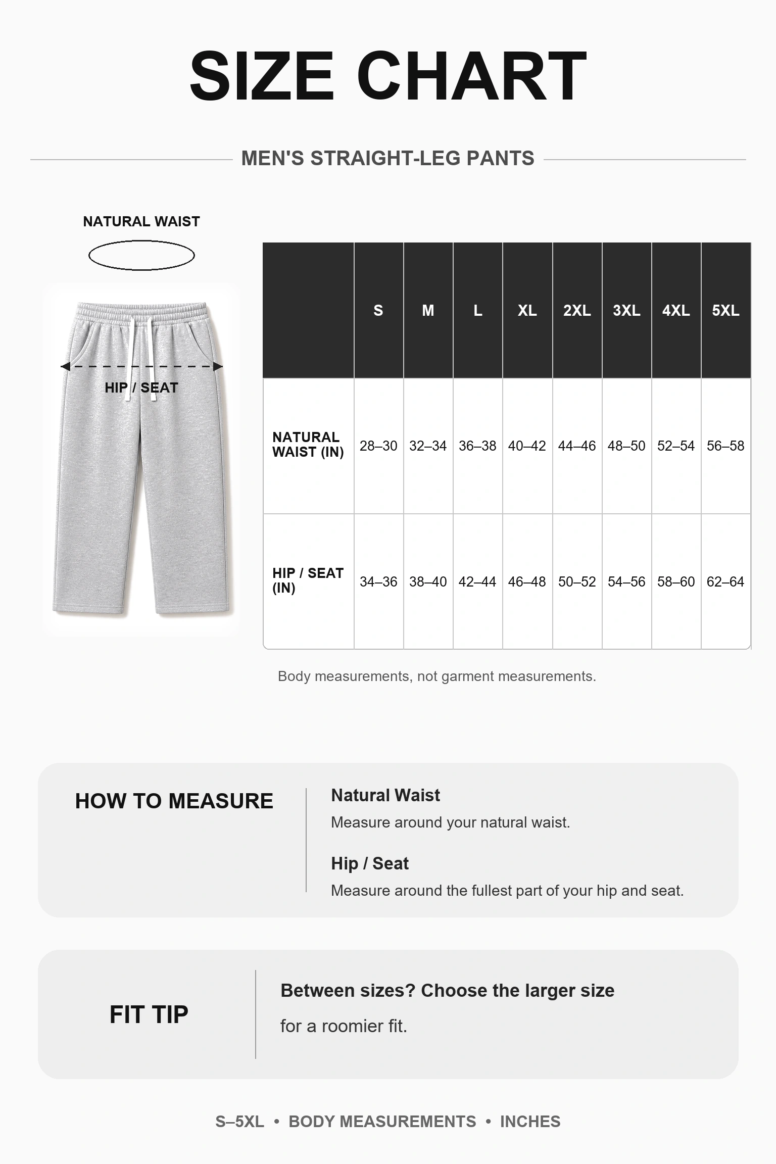 Men's straight-leg sweatpants body measurement size chart S to 5XL