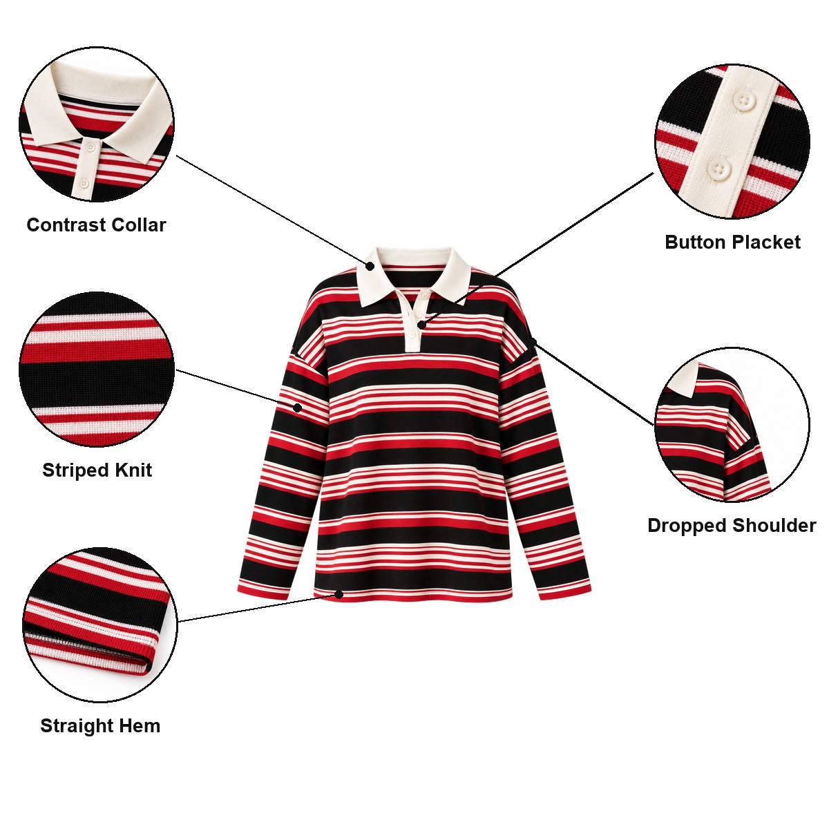 Striped collared top contrast collar, button placket, knit stripe, loose fit and straight hem details
