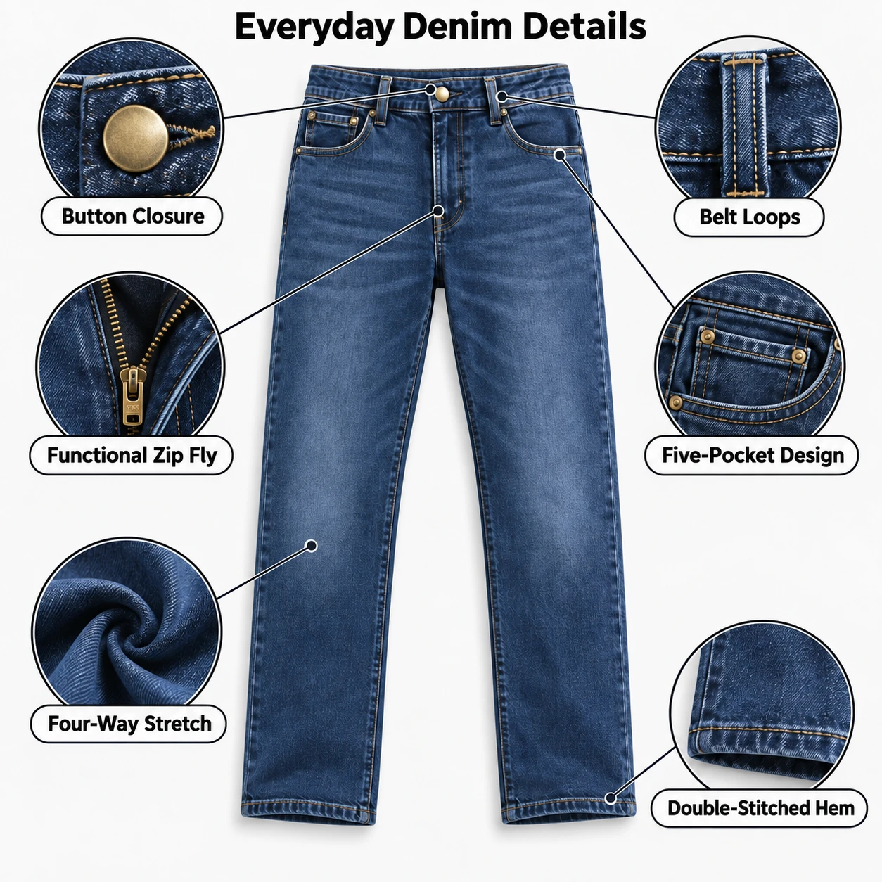 Button closure, belt loops, zip fly, five-pocket design, four-way stretch and double-stitched hem