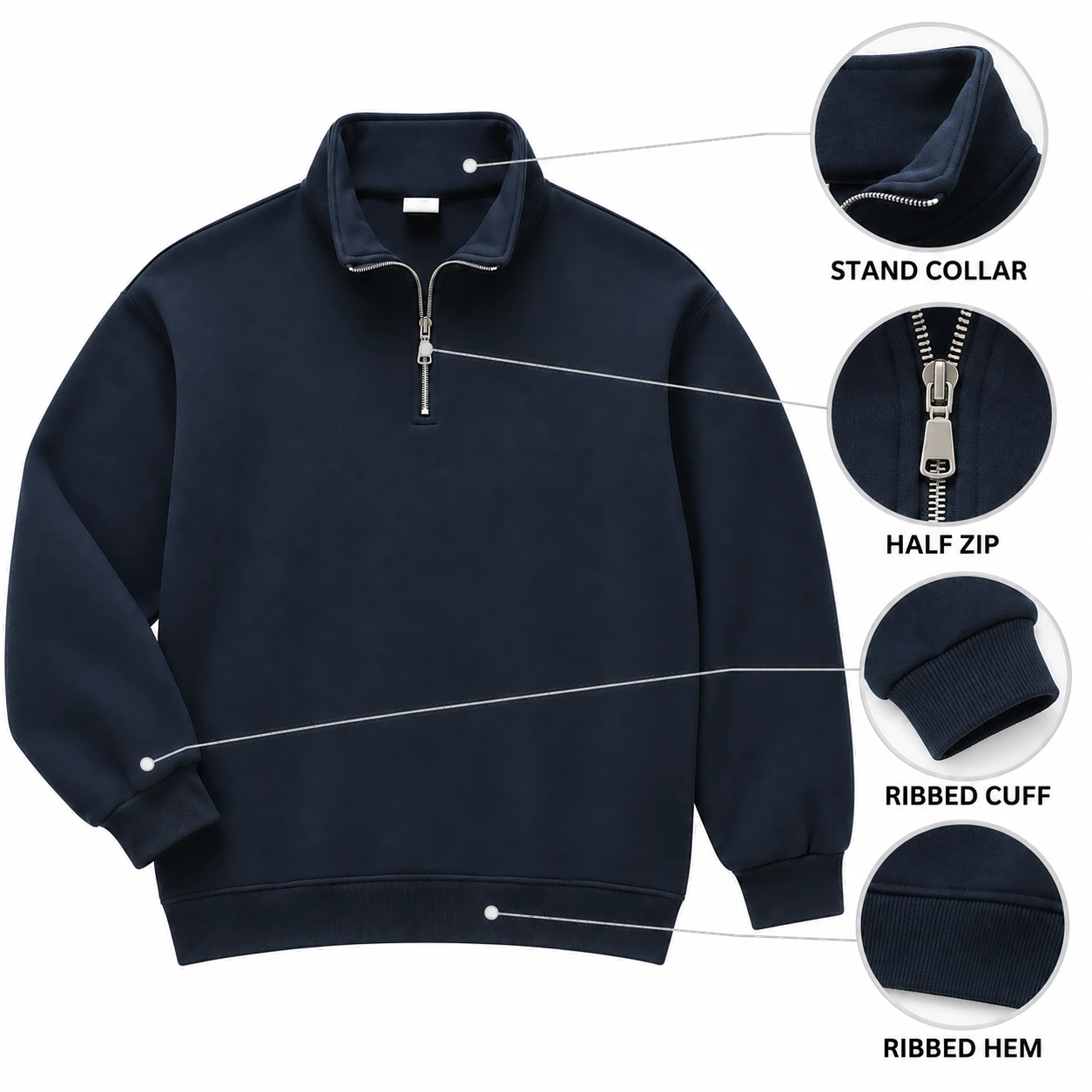 Stand collar, half-zip front, long sleeves, ribbed cuffs and ribbed hem details