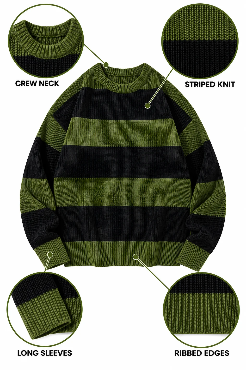 Striped knit sweater crew neck ribbed cuffs and knit texture
